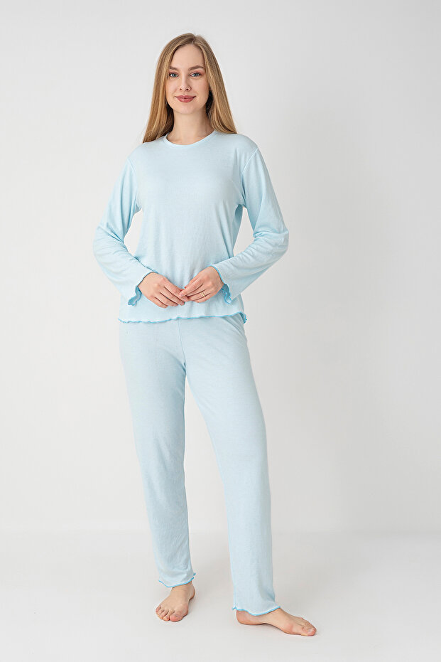 Selene Rib Knit Blue Long Sleeve Ruffle Stitching Women's Pajamas Set