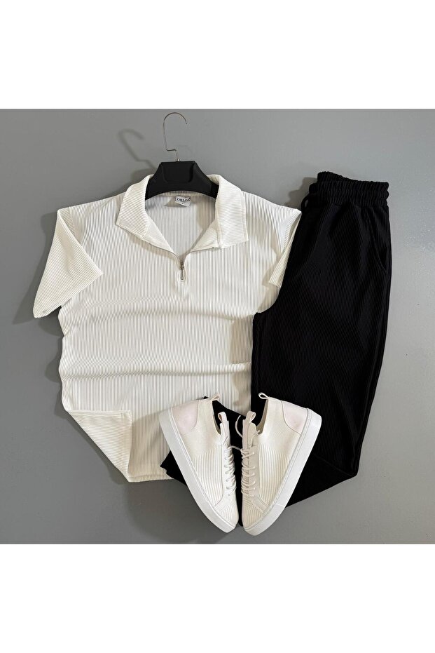 Men's Ribbed Ottoman Fabric T-Shirt Pants Summer Top and Bottom Combination