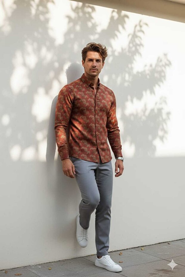 Colorful Feathered Long Sleeve Men's Shirt