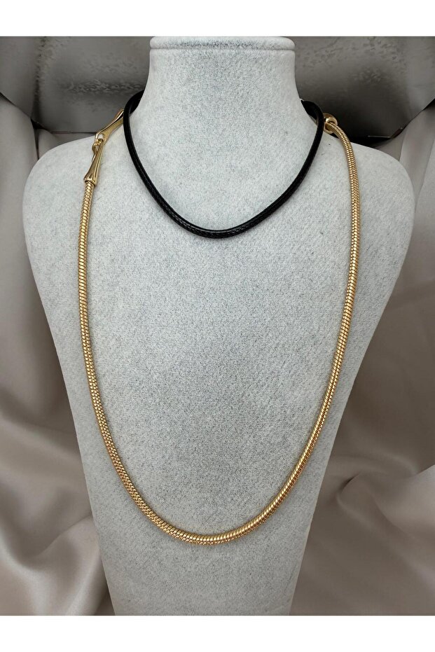 Gold Chain & Black Leather Cord Detailed Long Necklace – Modern Minimal Design
