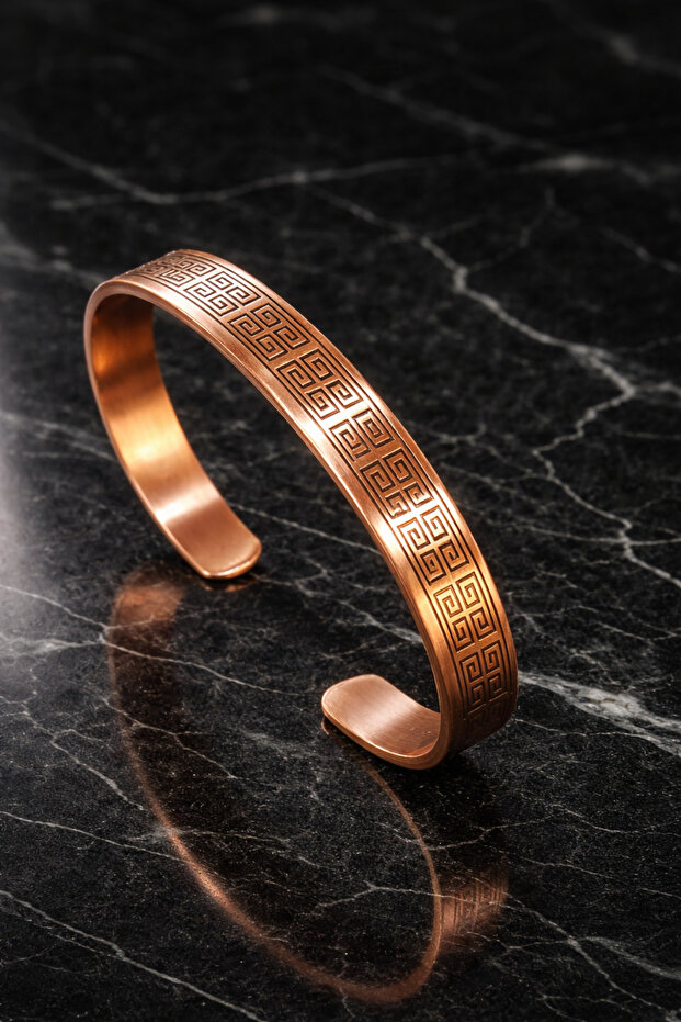 Copper Bracelet for Women and Men - Matte Copper Handcuff Bracelet with Antique Labyrinth Pattern