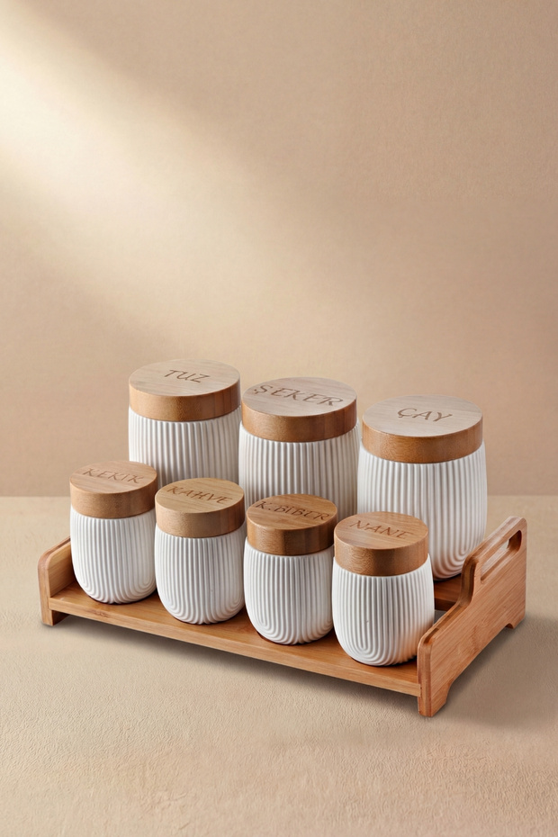 Porcelain 8-Piece Spice Set – Spice Jar Set with Bamboo Lids and Wooden Stand