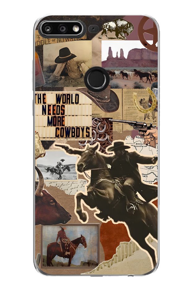 Huawei Y7 2018 Compatible Cowboy Western Collage Pattern Transparent Phone Case