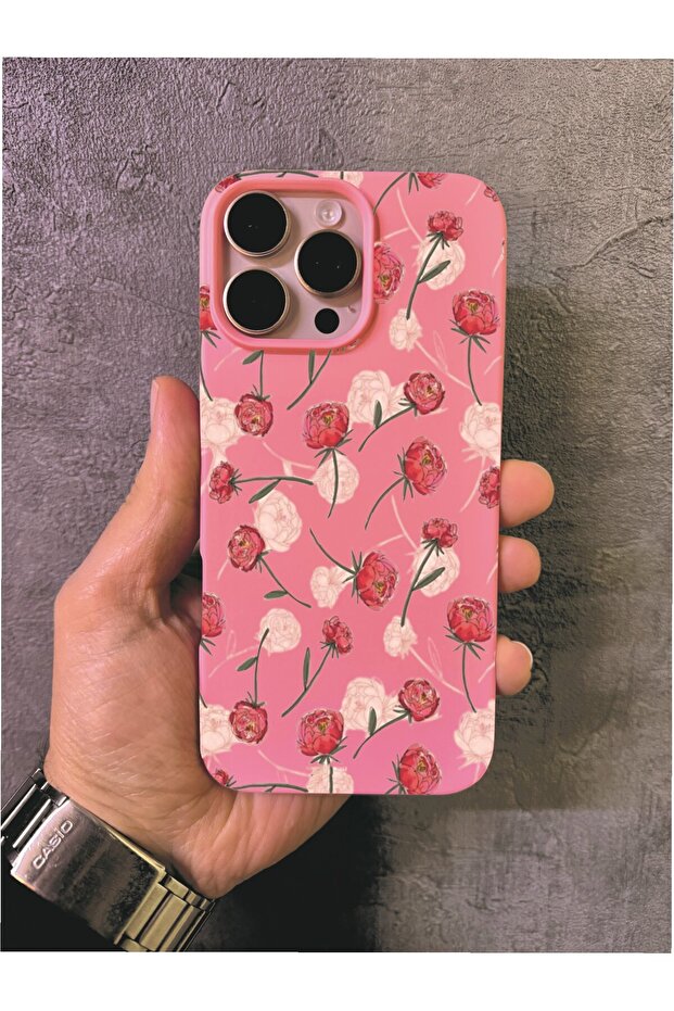 حافظة آيفون 16 برو ماكس المتوافقة مع تصميم الورد والرسم المزخرف باللون الوردي - 1