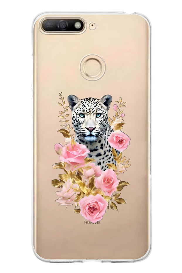 Huawei Y6 2018 Compatible Leopard and Pink Rose Pattern Transparent Phone Case