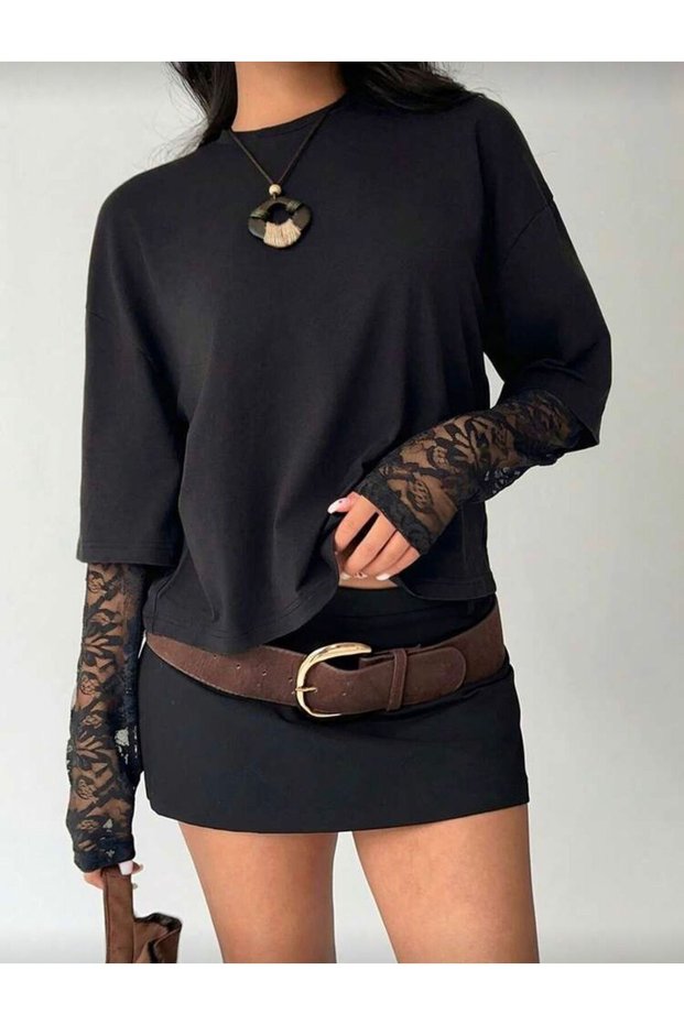Women's Black Long Sleeve Lace Detailed Blouse Transparent Sleeve Stylish Basic Top