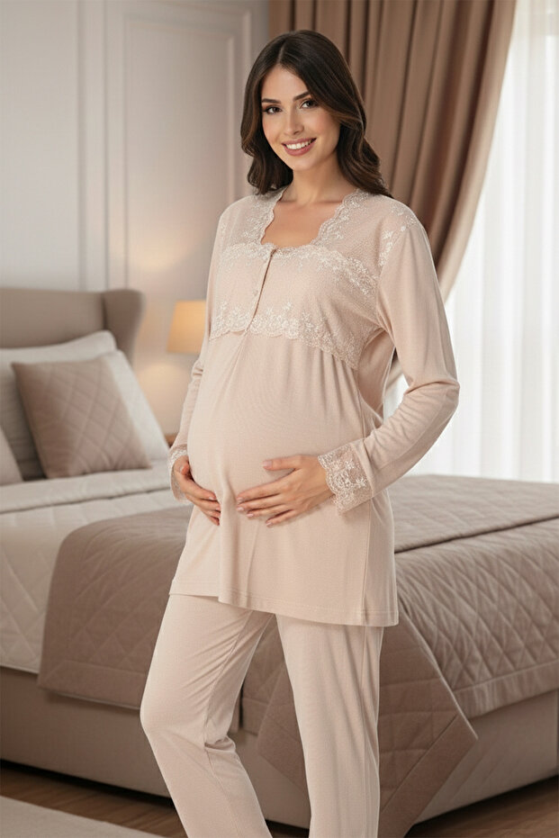 Lace Detailed Cotton Long Sleeve Maternity Pajama Set
