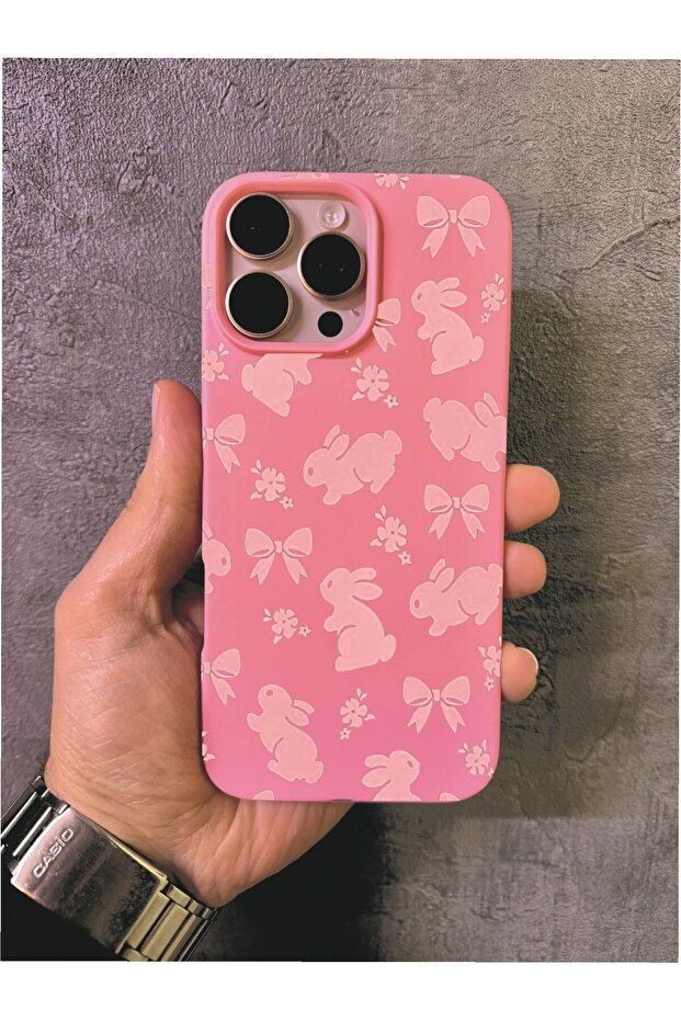 iPhone 16 Pro Max Compatible Rabbit Patterned Doodle Pink Case - 1