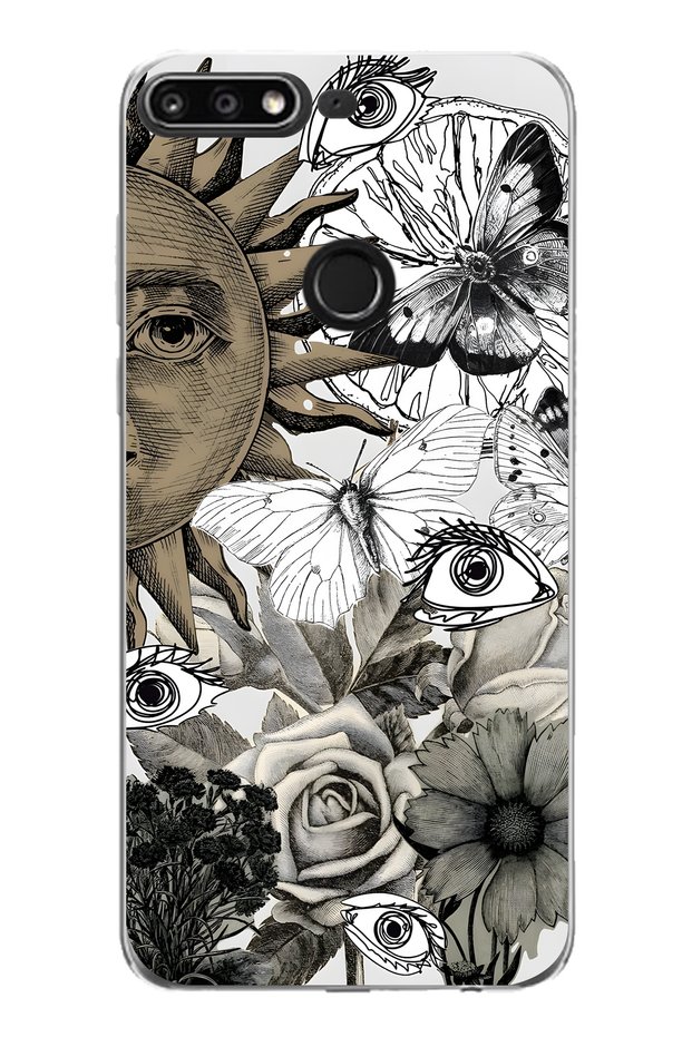 حافظة هاتف شفافة متوافقة مع هاتف هواوي Y7 2018 بنمط Sun and Eye Collage