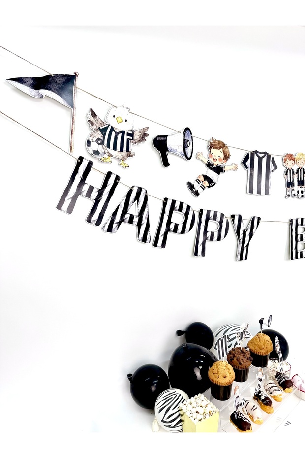 Black - White - Football Themed "Happy Birthday" Text Banner