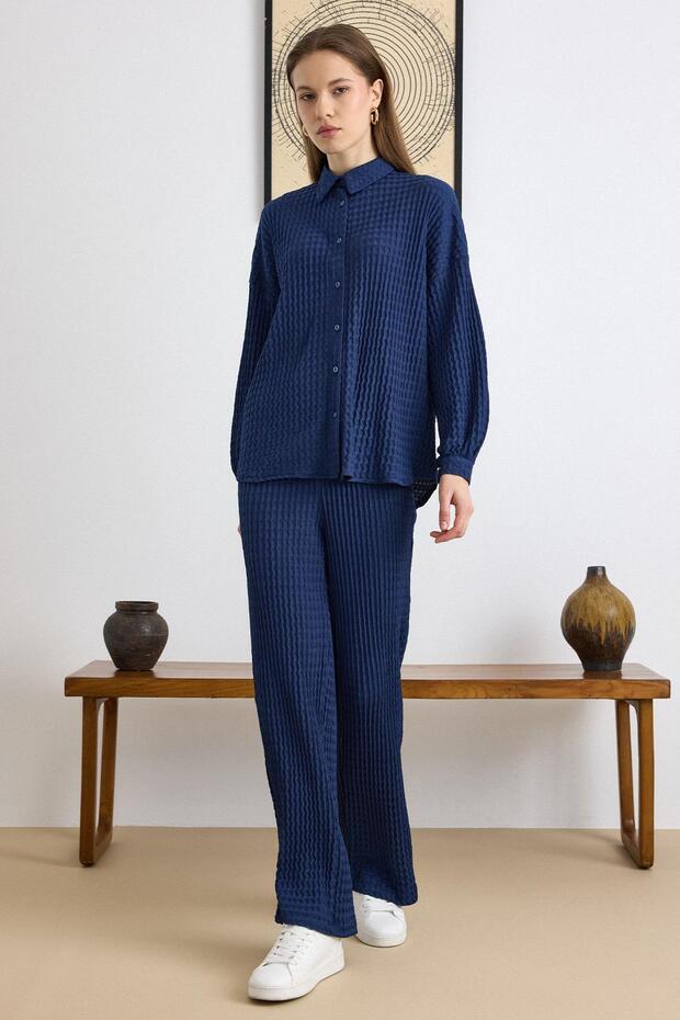 Self-Patterned Shirt and Trousers Two-Piece Set Dark Blue 9412-Tk
