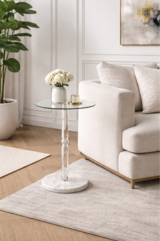 Acrylic Service Table with Glass Top and Marble Base