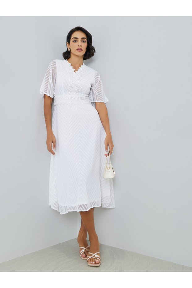 Women White Lace Trim A-Line Midi Dress