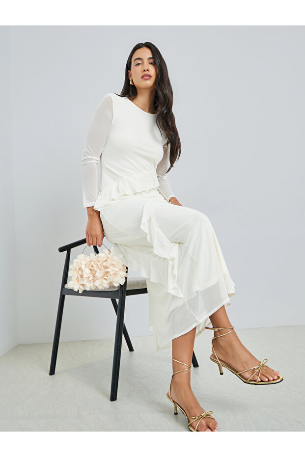 Cream Sheer Sleeves Ruffled Sheath Maxi Dress