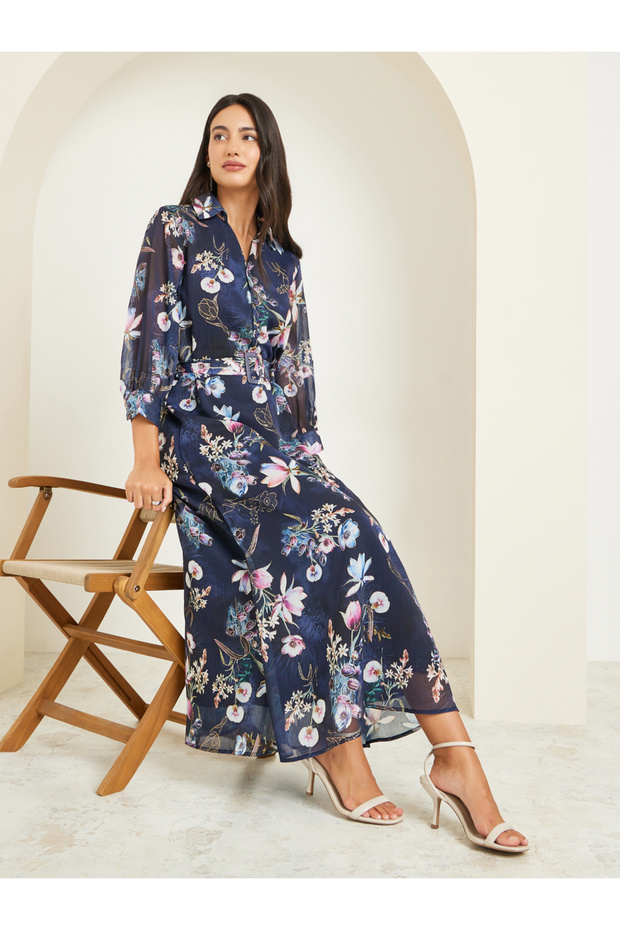 Black Floral Print A-Line Maxi Dress with Belt