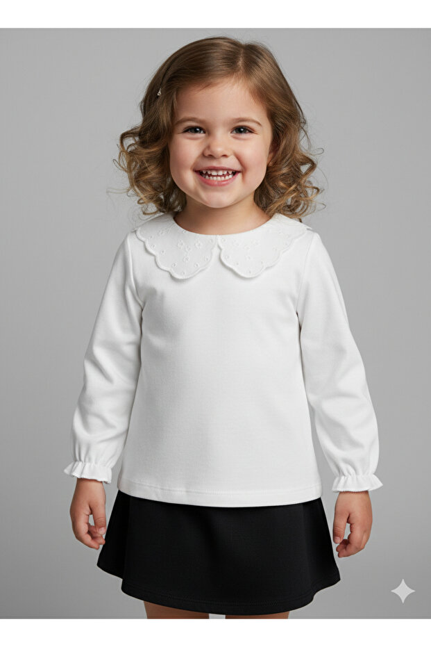 Girl's Lace Collared 100% Cotton Long Sleeve Blouse