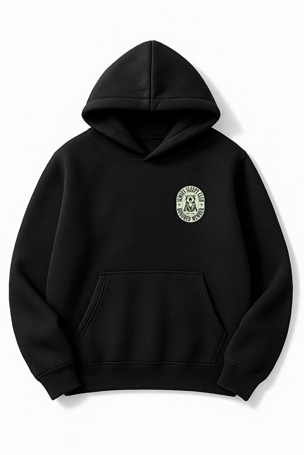 Oversize Unisex Always Sleepy Clup Cat Printed Hooded Sweatshirt