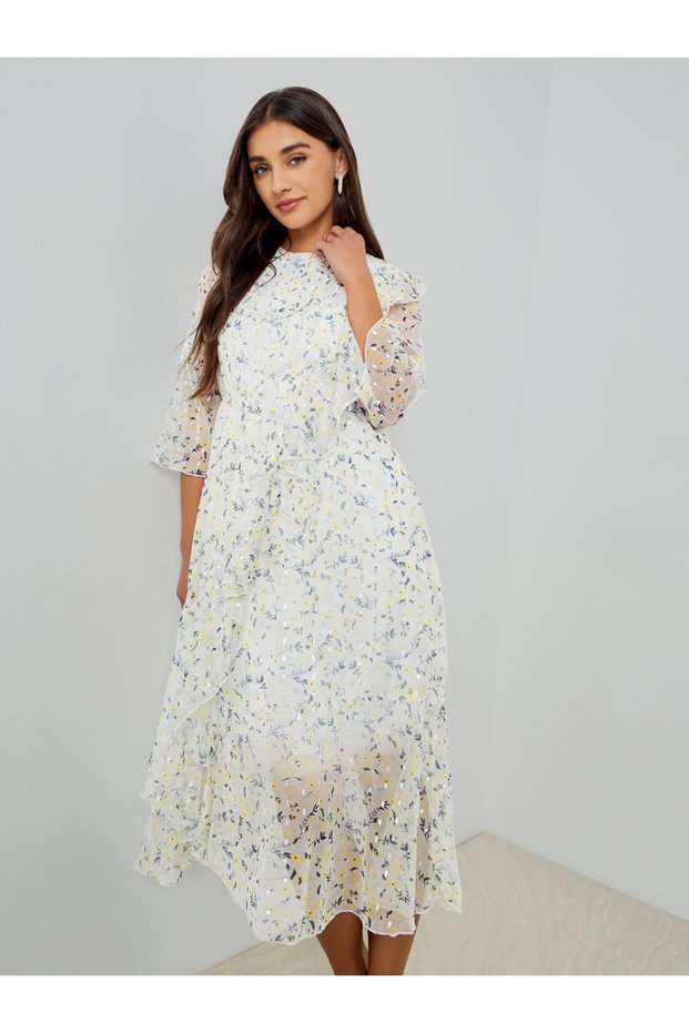 Women White Floral Print Midi Dress with 3/4 Sleeves
