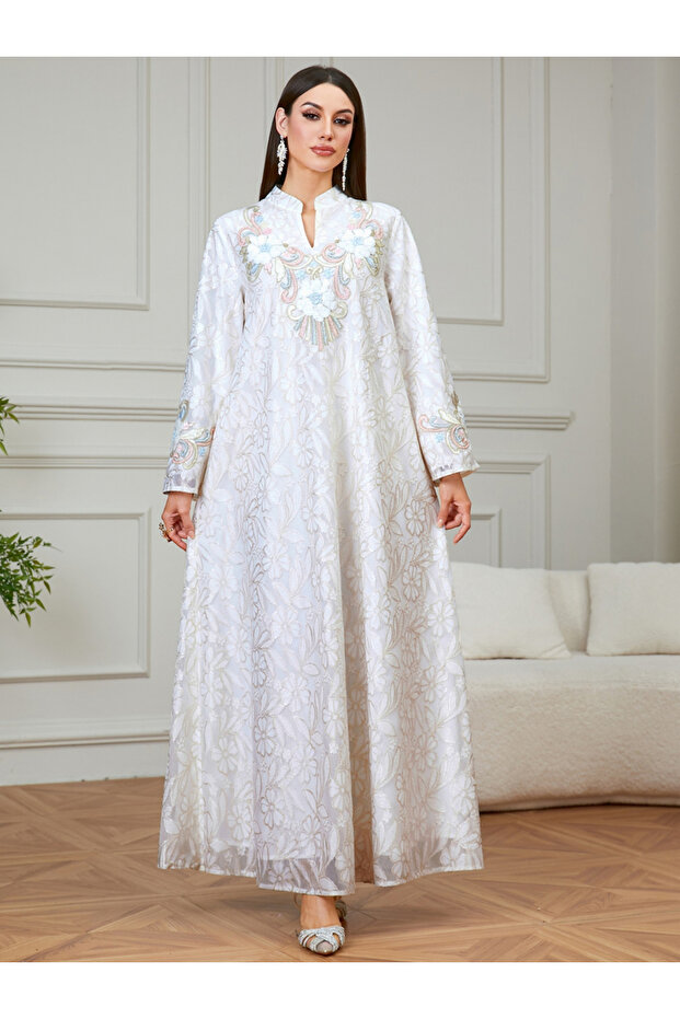 Beige Floral Embroidered A-Line Jalabiya
