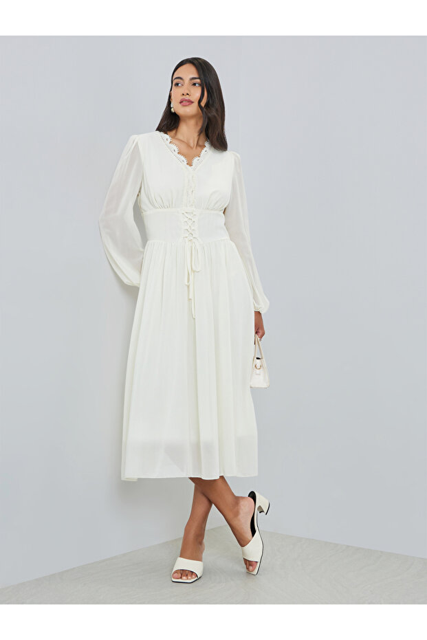 White Tie-Up Waist Lace Neckline Midi Dress