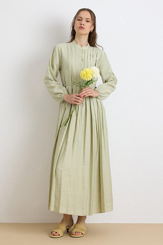 Button Closure Pleated Detailed Flared Dress Çağla 9430-E