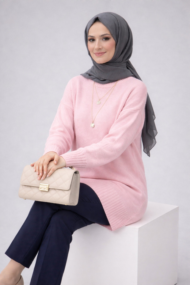 Pink Crew Neck Oversized Women's Knitwear Tunic