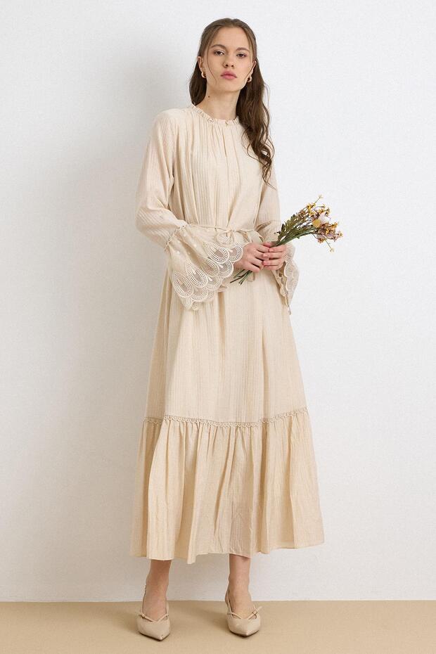 Fisto Detailed Lace-Up Sleeves Dress Bej 9429-E