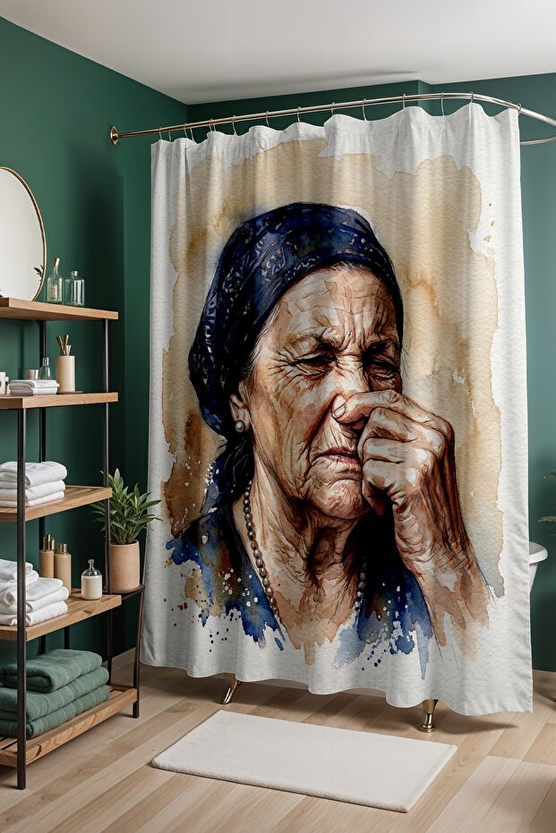 Bathroom Curtain, Elderly Granny Patterned Shower Curtain, Bathtub Curtain 175X200Cm