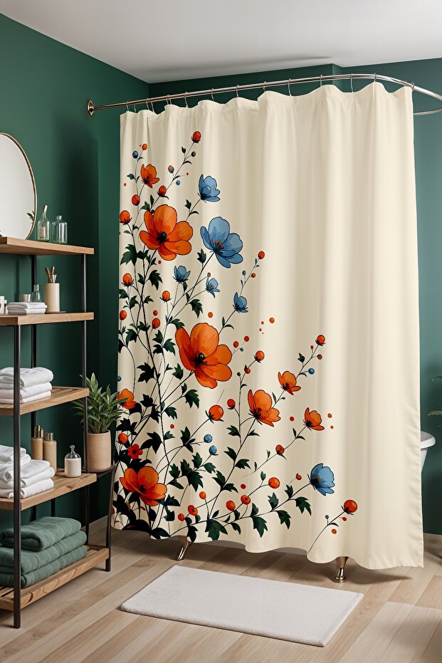 Bathroom Curtain, Orange and Blue Flowers Patterned Shower Curtain, Bathtub Curtain 175X200Cm
