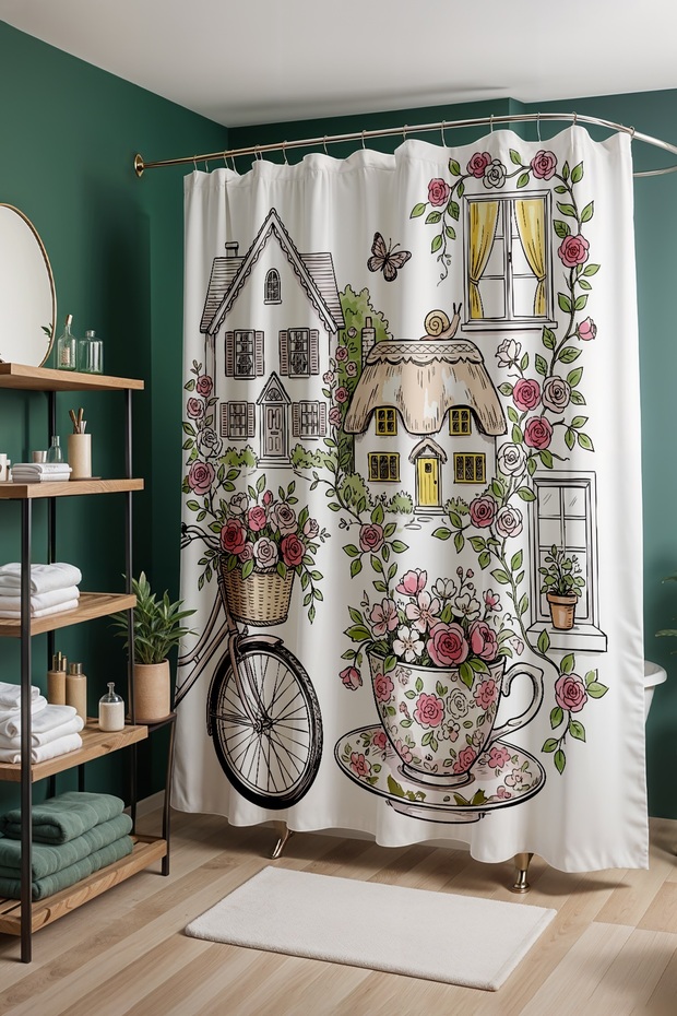 Bathroom Curtain, Floral Dreams Patterned Shower Curtain, Bathtub Curtain 175X200Cm