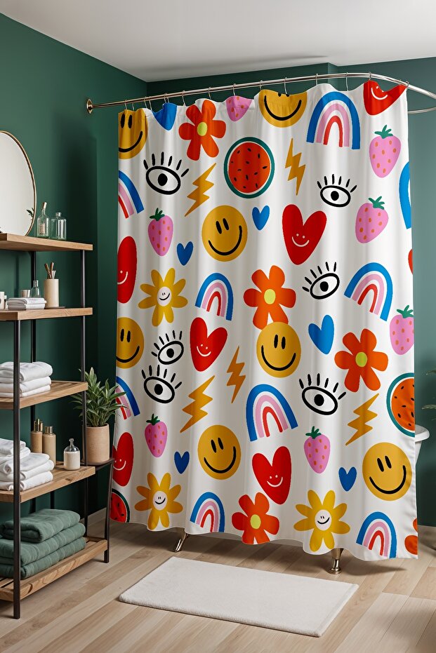 Bathroom Curtain, Cheerful World Patterned Shower Curtain, Bathtub Curtain 175X200Cm