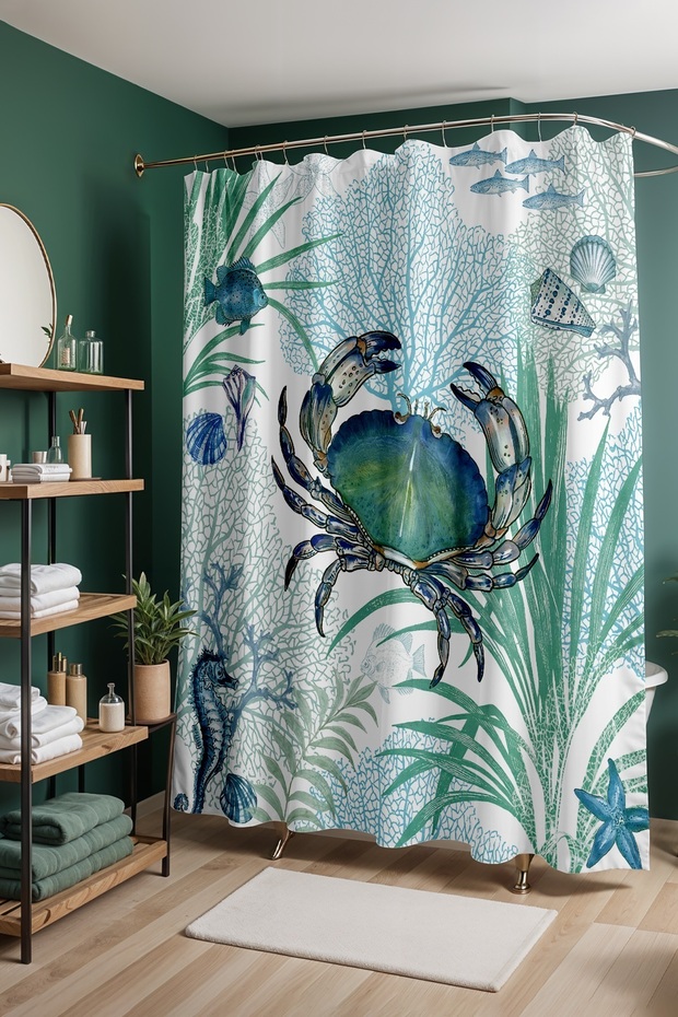 Bathroom Curtain, Blue Crab Pattern in the Sea Shower Curtain, Bathtub Curtain 175X200Cm