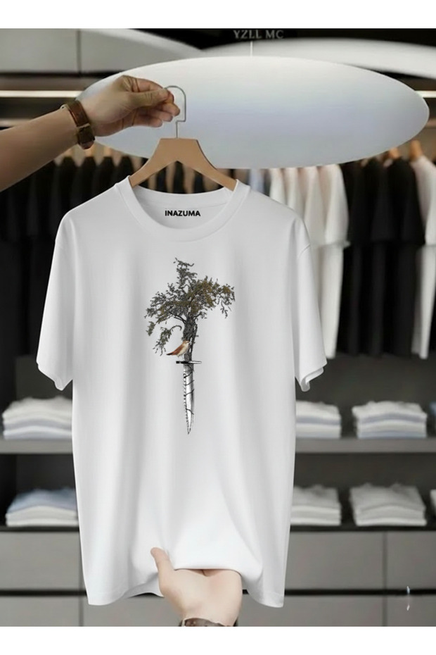 Unisex Oversize Printed Cotton Crew Neck Short Sleeve White T-Shirt Serçe