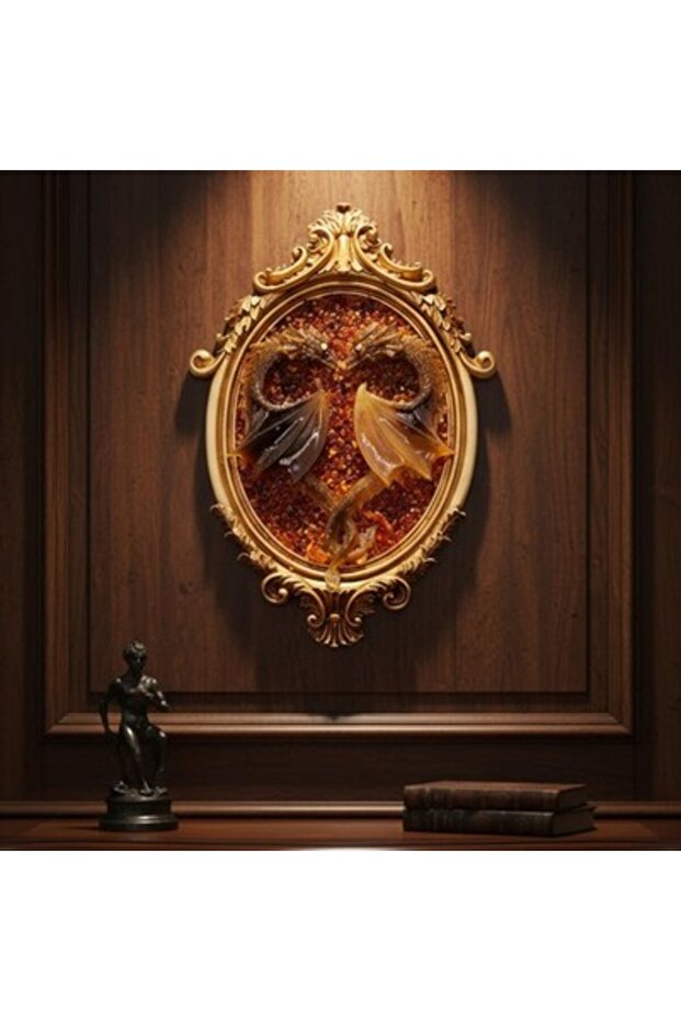 Handmade Dragon Amber Painting – Natural Amber Artwork with Decorative Gold Frame