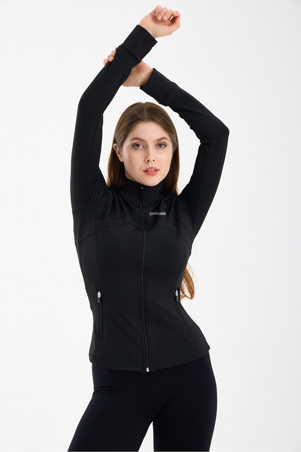 Black Women's Premium Sports Jacket – Long Sleeve, Zippered, Yoga Pilates Fitness Running Training Top