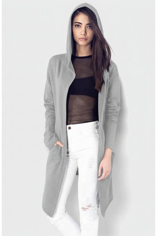 Women's Long Hooded Oversize Cardigan – Asymmetrical Cut, Pockets, Seasonal Stylish Outerwear K27 3020