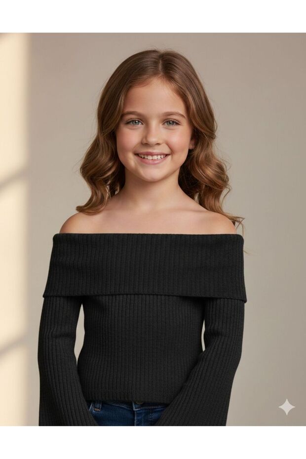 Girls' Terry Fabric Bluz with Madonna and Bat Sleeve Details