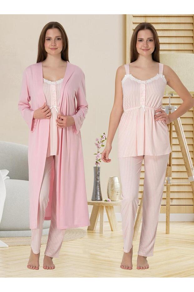 Dvina Maternity Pajama Set with Striped Pattern and Straps - 3-Piece Set - Pink