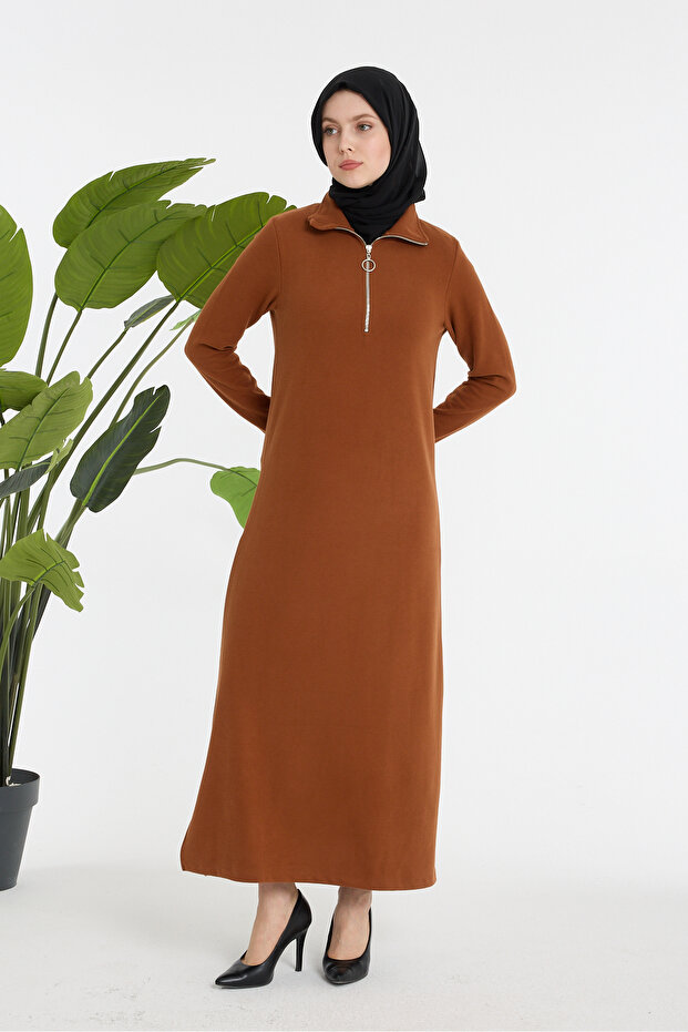 Zippered Collar Relaxed Fit Burgundy Long Dress
