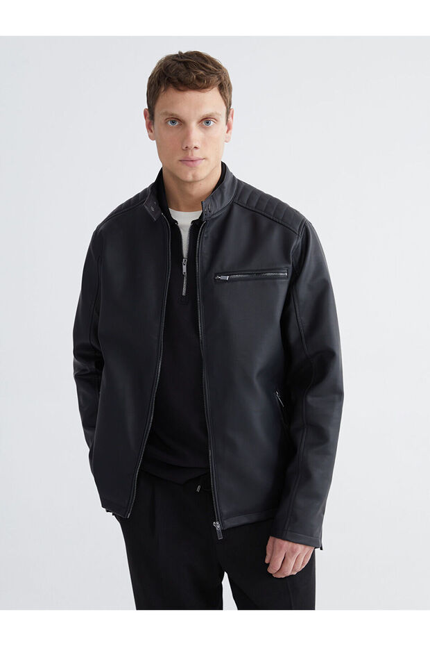 Black Standard Fit Mock Neck Men's Leather-Look Coat (S6)