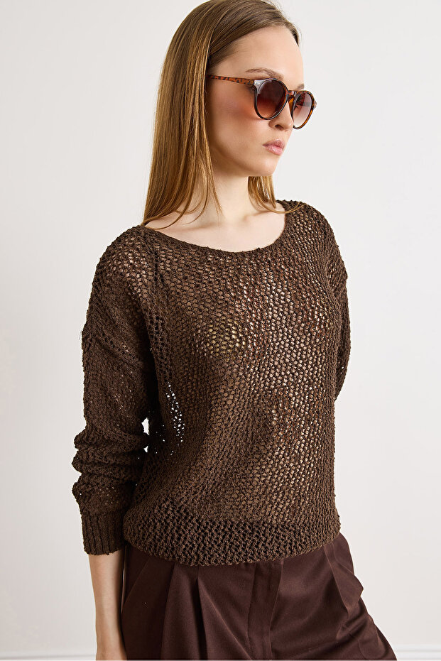 Women's Brown Openwork Cotton Content Boho Knitwear Blouse Blz-19003238