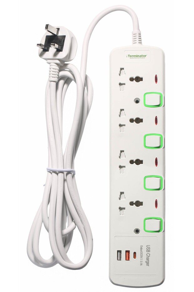 Terminator Brand Universal Power Extension Socket with 3USB (A & C Type) 4way-3m