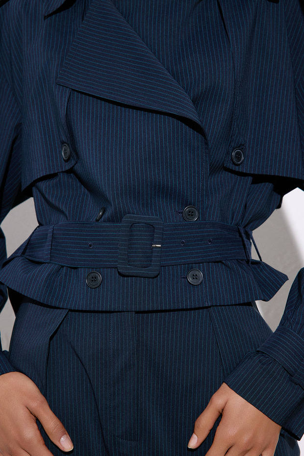 Striped Belt Detailed Navy Blue Cropped Trench Coat