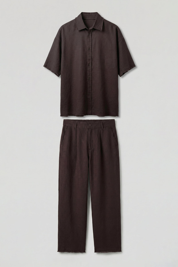 Men's Oversize Cotton Shirt and Trousers Two-Piece Set Brown