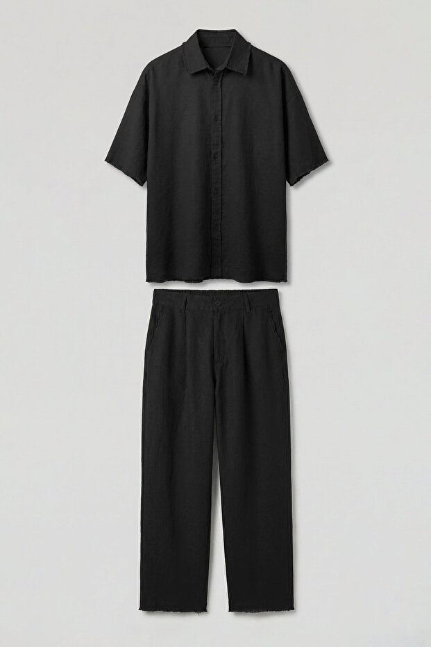 Men's Oversize Cotton Shirt Pants Two-Piece Set Black