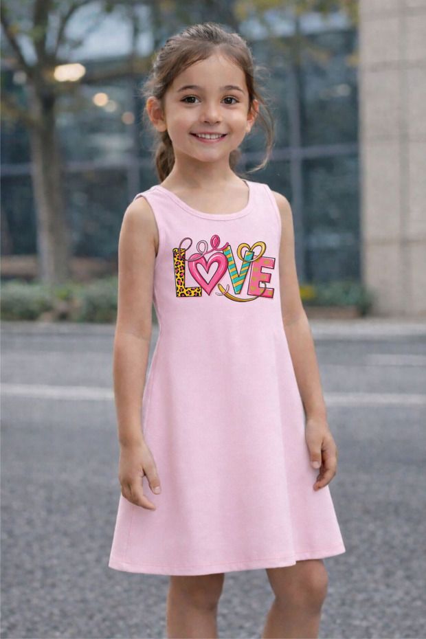 Girls' Summer Dress with Love Print