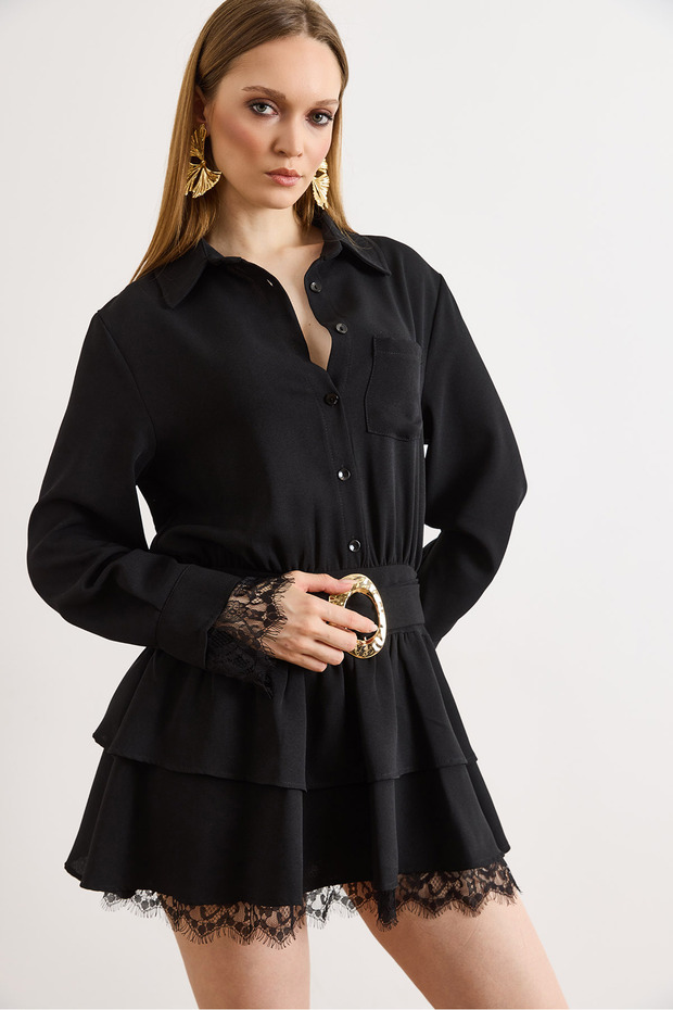 Women's Black Belted Lace Detailed Mini Shirt Dress Elb-19002593