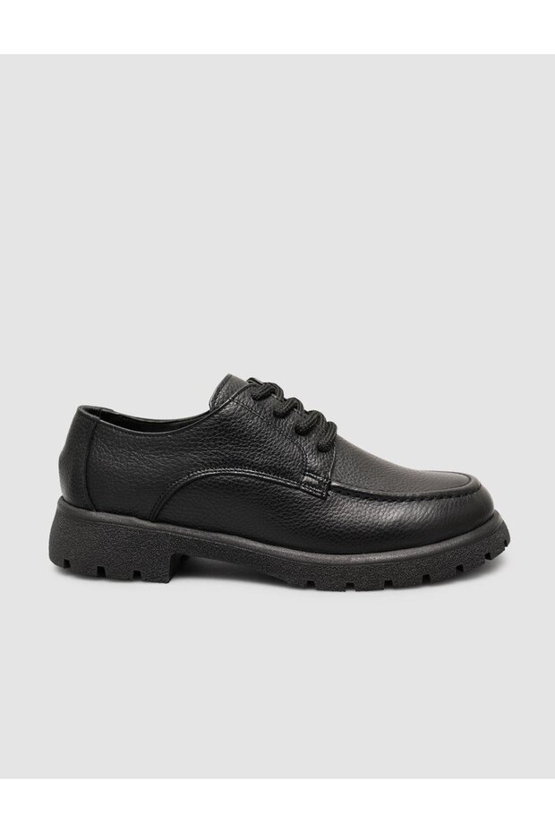 Genuine Leather Black Lace-Up Women's Loafer Shoes