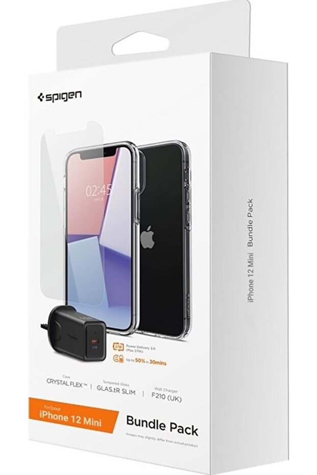 Spigen Bundle Wall Charger + Clear Case + Screen Protector for Apple iPhone 12 Mini