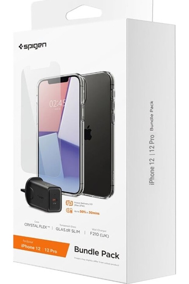 Spigen Bundle Wall Charger + Clear Case + Screen Protector for Apple iPhone 12 and 12 Pro